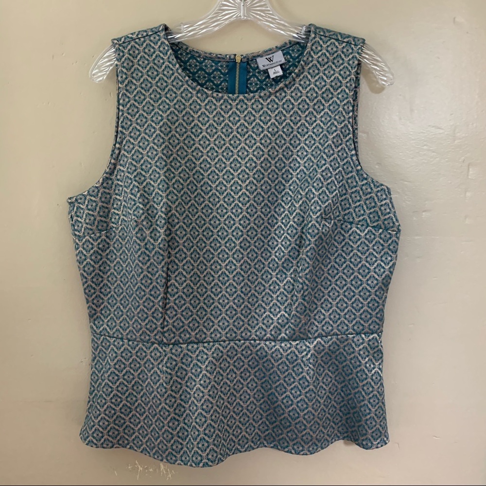 Worthington Turquoise & Tan Shimmer Peplum Festive Top, NEW Large